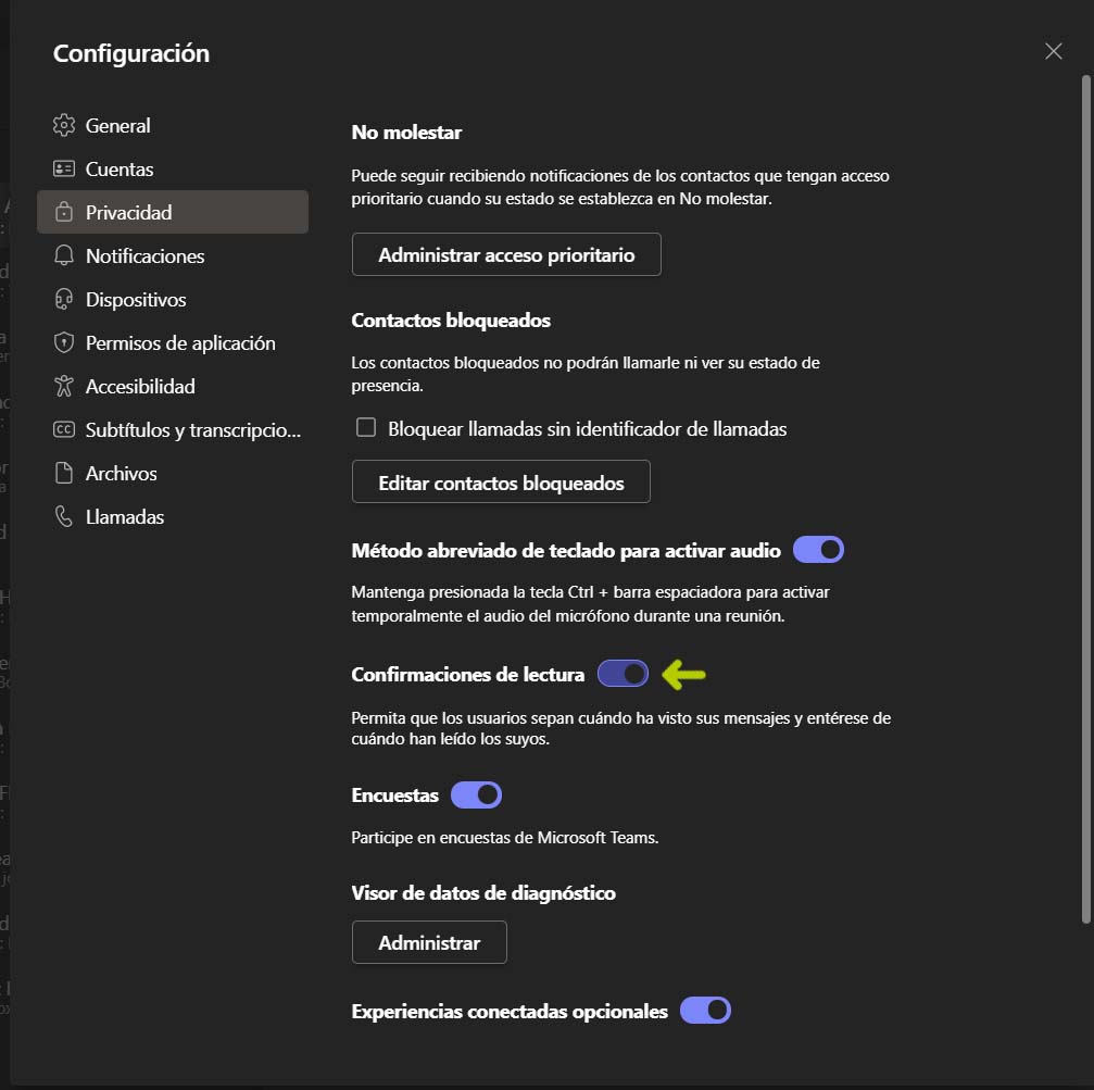 Desactivar confirmación de lectura en Microsoft Teams