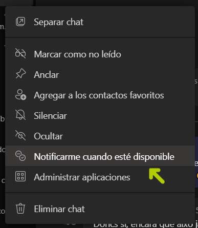 Notificar cuando un contacto de Teams vuelva a estar disponible