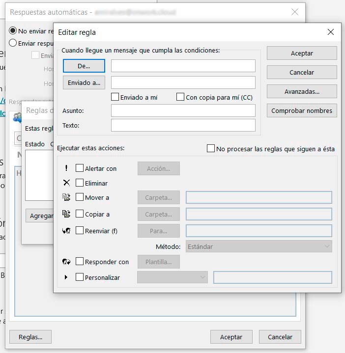Reglas en las respuestas automáticas de Outlook
